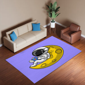Cute Astronaut Reading Book On Moon Cartoon Rug